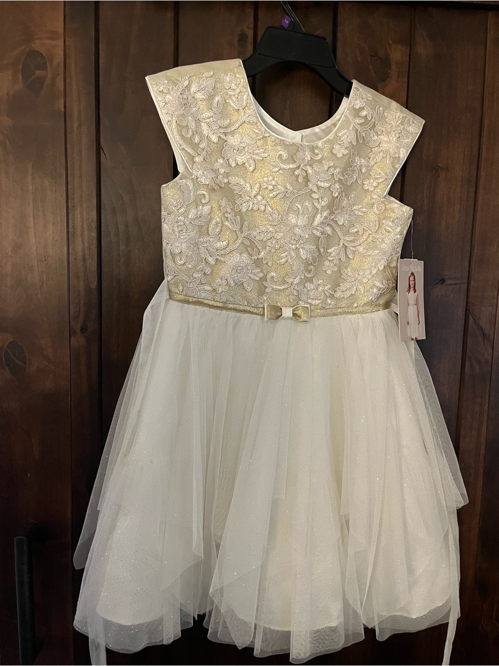 Jona Michelle Ivory and Gold Floral Lace Tulle Party Dress